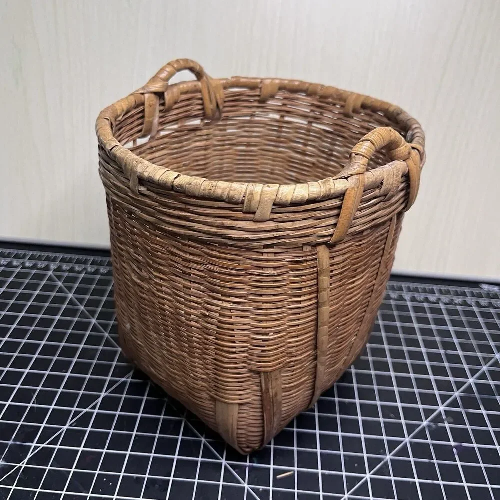 Vintage Handmade Wicker Rattan Basket Planter Brown W Tortoise Bamboo Reeds Boho
